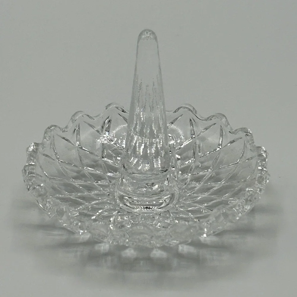 Vintage Clear Glass Thin Ring Holder Scalloped Cut Jewelry Trinket Dish MCM